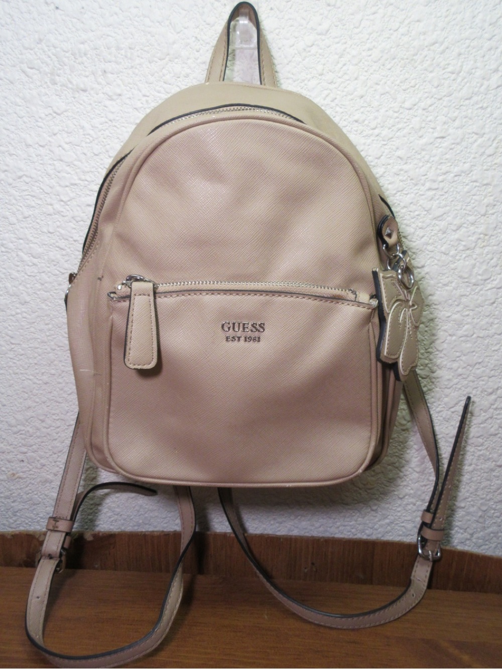 GUESS Beige/Cream Mini Backpack with Front Zip Pocket